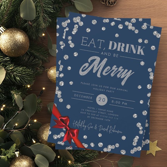 Eat, Drink Silver Glitter Xmas Ribbon Navy  Invitation (Creator Uploaded)