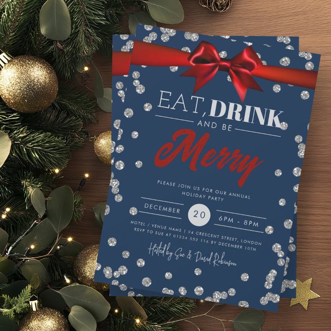 Eat Drink Silver Navy Glitter Holiday Xmas Bow Invitation (Creator Uploaded)