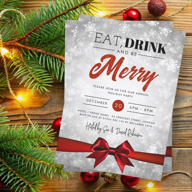 Eat, Drink Silver Winter Wonderland Holiday Bow Invitation (Creator Uploaded)