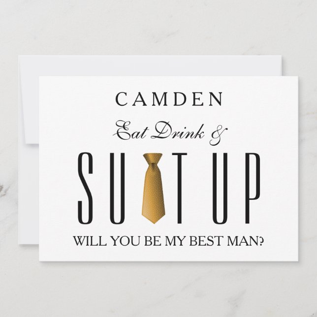 Eat Drink & Suitup Gold Will you be my Bestman Invitation (Front)