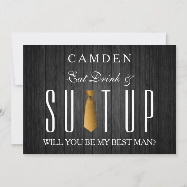 Eat Drink & Suitup Gold Will you be my Bestman Invitation (Front)