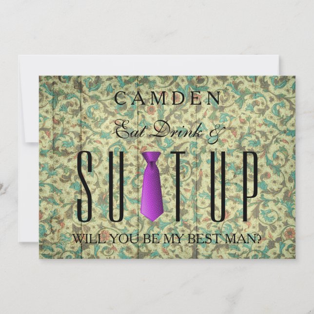 Eat Drink & Suitup Purple Will you be my Bestman Invitation (Front)