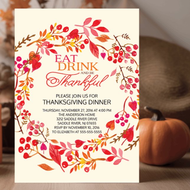 Eat Drink Thankful Wreath Thanksgiving Invitation (Creator Uploaded)