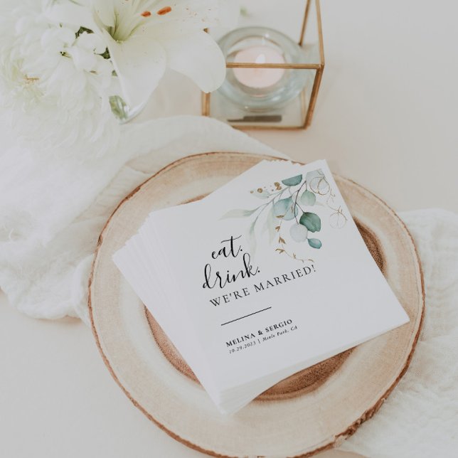 Eat Drink We're Married Gold Green Wedding  Napkin (Creator Uploaded)