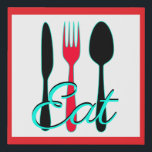 Eat, Fork, Spoon and Knife Kitchen Art Deco Faux Canvas Print<br><div class="desc">Kitchen art,  red,  teal and black Eat sign with a fork,  spoon and knife modern or retro kitchen art.</div>