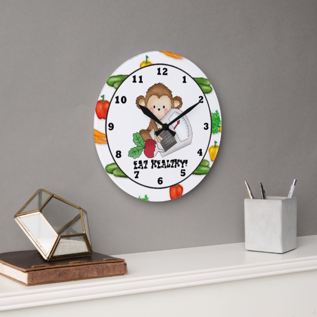Eat Healthy Monkey cartoon wall clock (Office)