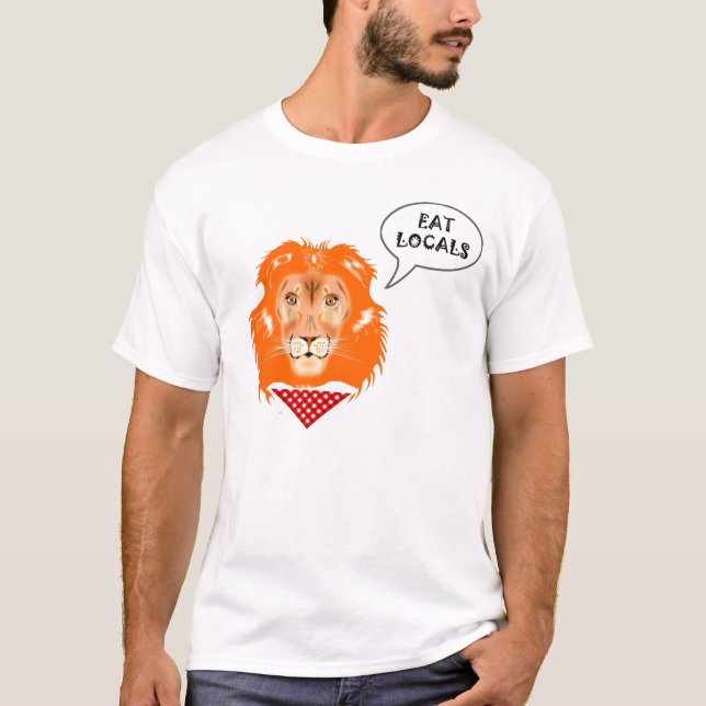 Eat Locals Funny Lion College Humour Cartoon T-Shirt (Front)