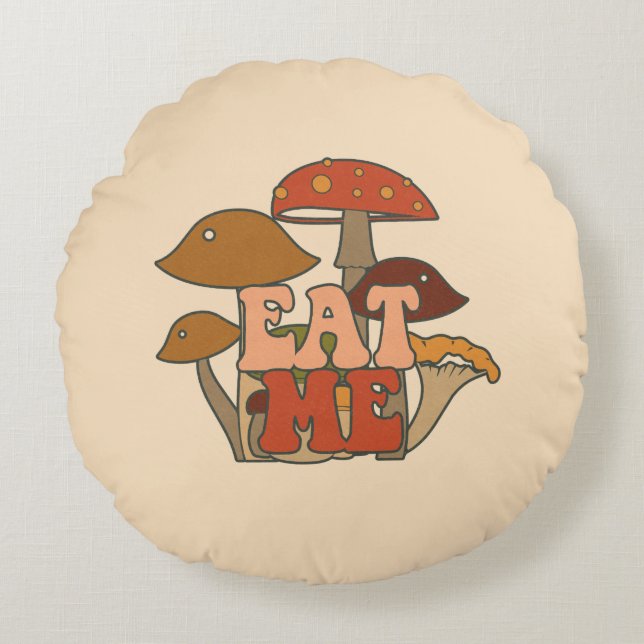 "Eat Me" – Whimsical Mushroom Design Round Cushion (Front)