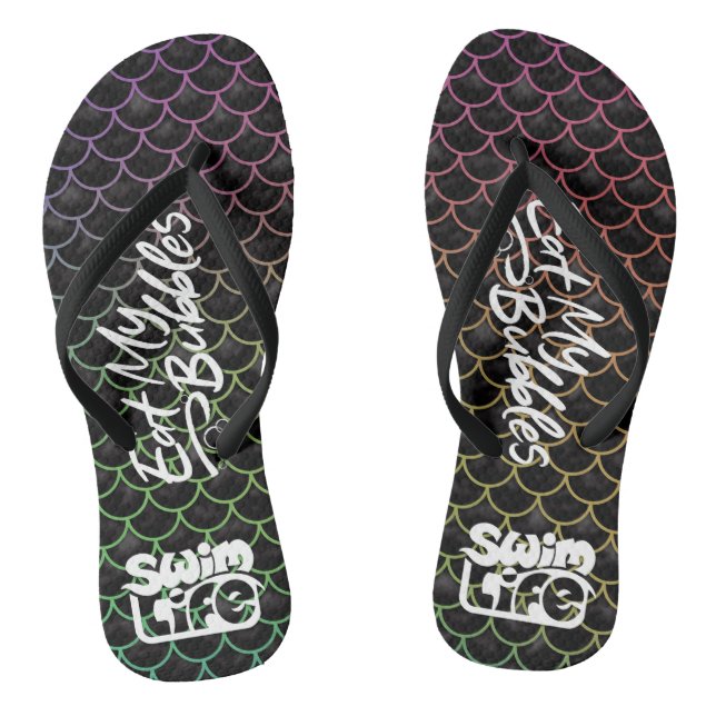 "Eat My Bubbles" Black/Rainbow scales Swim Life Flip Flops (Footbed)