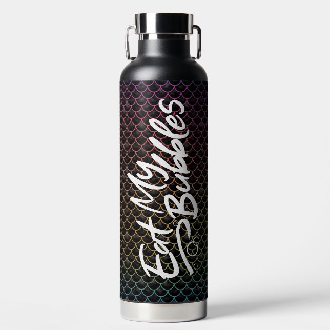 "Eat My Bubbles" Black/Rainbow scales Swim Life Water Bottle (Front)