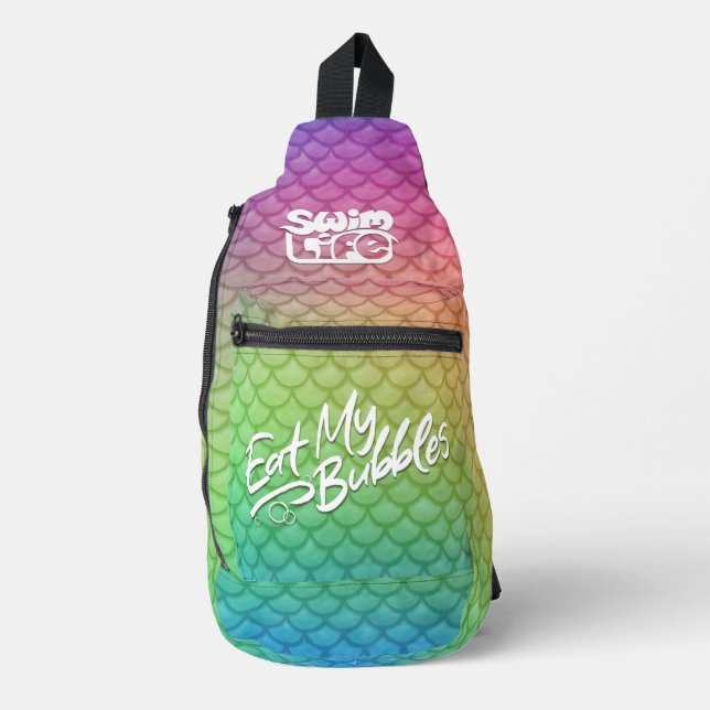 "Eat My Bubbles" Rainbow scales Swim Life Sling Bag (Front)