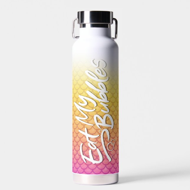 "Eat My Bubbles" Yellow/Pink scales Swim Life Water Bottle (Front)