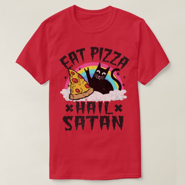 Eat Pizza Hail Satan Cat Punk Rock Band Death Meta T-Shirt (Design Front)