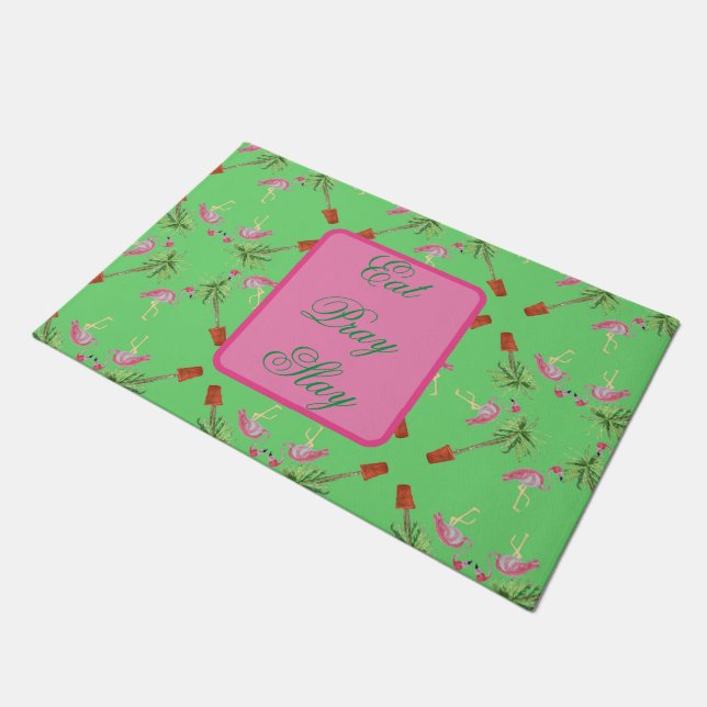 Eat Pray Slay Pink Flamingo Flamingos Palm  Doormat (Angled)