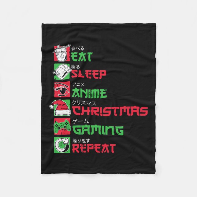 Eat Sleep Anime Gaming Christmas Pajama X-mas Holi Fleece Blanket (Front)