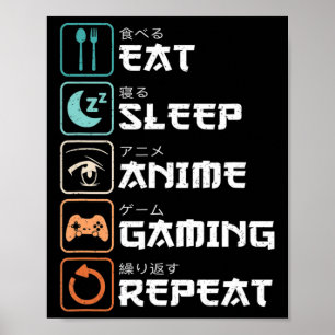 Eat Sleep Anime Gaming Repeat Fun Otaku Gamer Poster