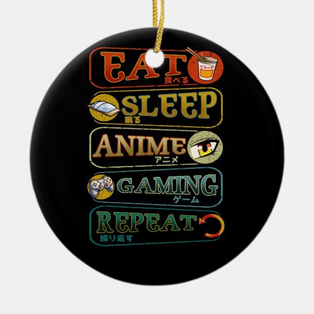 Eat Sleep Anime Gaming Repeat Gamer Japanese Video Ceramic Tree Decoration (Front)