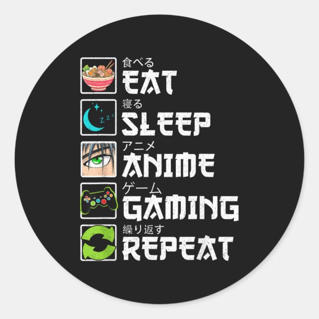 Eat Sleep Anime Gaming Repeat Gamer Men Teen Boy A Classic Round Sticker (Front)