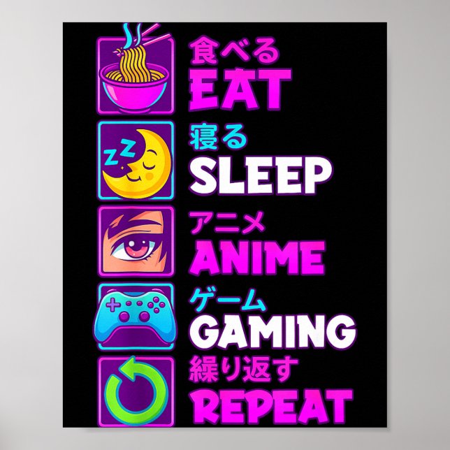 Eat Sleep Anime Gaming Repeat Kawaii Otaku Anime M Poster (Front)