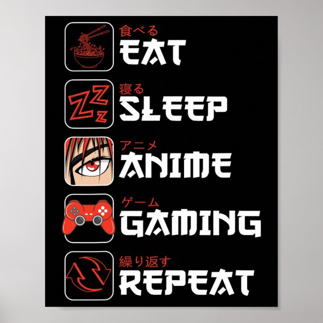 Eat Sleep Anime Gaming Repeat Shirt Teen Boys Kids Poster (Front)