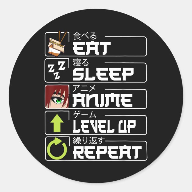 Eat Sleep Anime Level Up Repeat Otaku Anime Manga  Classic Round Sticker (Front)