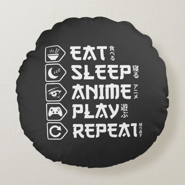 Eat Sleep Anime Play Repeat Otaku Anime Lifestyle Round Cushion (Front)