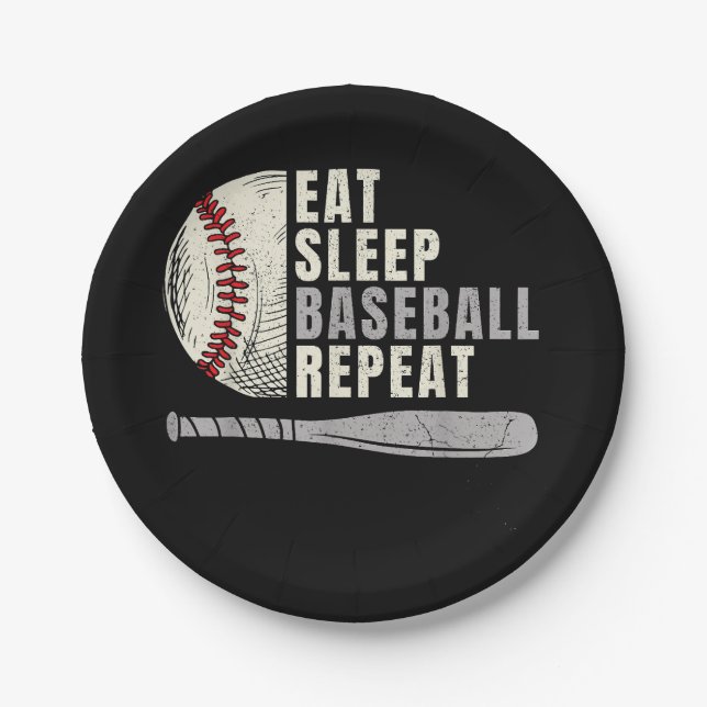 Eat Sleep Baseball Repeat Funny Baseball Player  Paper Plate (Front)