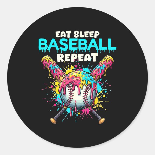 Eat Sleep Baseball Repeat Funny Ice Cream Drip Cro Classic Round Sticker (Front)