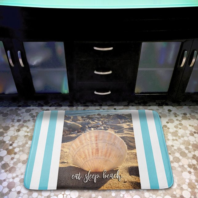 Eat Sleep Beach Script Seashell Turquoise Stripes Bath Mat (Creator Uploaded)
