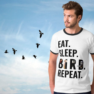 Eat Sleep Bird Repeat Birder's White and Black T-Shirt