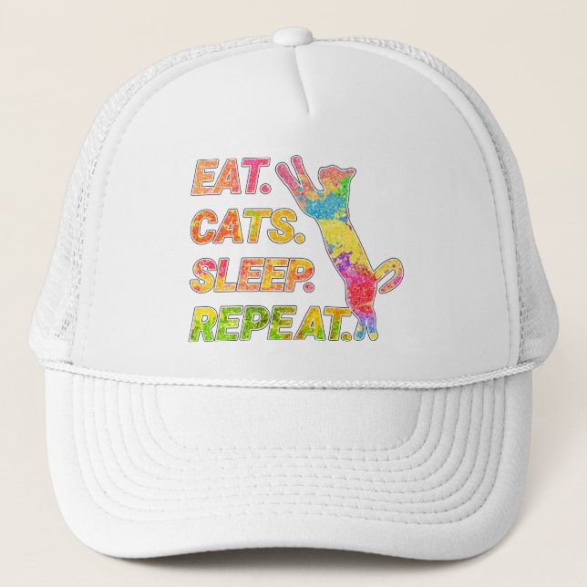 Eat, Sleep, Cats, Repeat – Colourful Cat Lover Trucker Hat (Front)