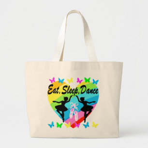 EAT, SLEEP, DANCE RAINBOW HEART AND BUTTERFLIES LARGE TOTE BAG