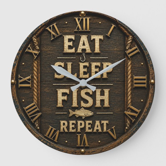 Eat Sleep Fish Repeat Fisherman Gift Large Clock (Front)