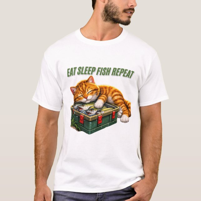 Eat Sleep Fish Repeat Funny Cat T-Shirt (Front)