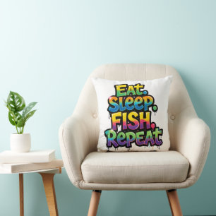 Eat Sleep Fish Repeat Rainbow Graffiti Cushion