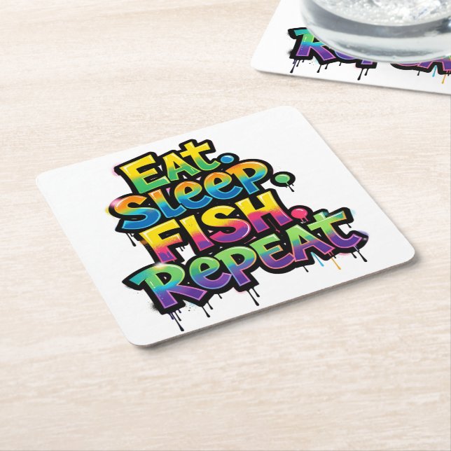 Eat Sleep Fish Repeat Rainbow Graffiti Square Paper Coaster (Angled)