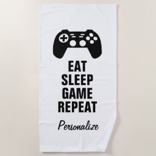 Eat sleep game repeat funny controller beach towel