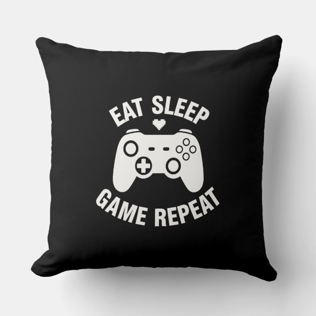 Eat Sleep Game Repeat - Funny Gamer Quote Design Cushion (Front)