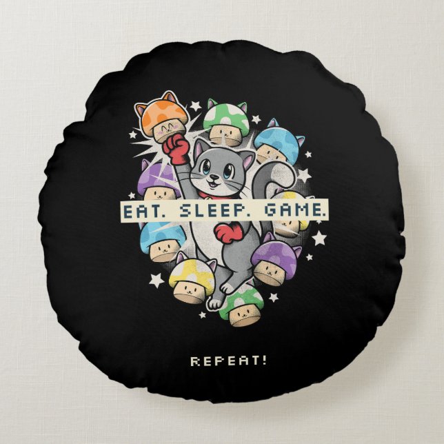 Eat, Sleep, Game, Repeat Round Cushion (Front)