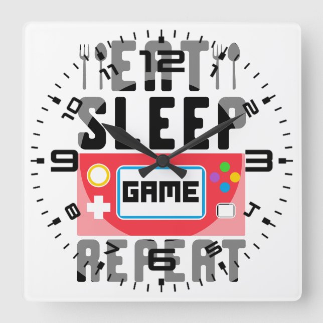 Eat sleep game repeat square wall clock (Front)