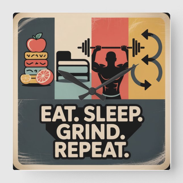Eat. Sleep. Grind. Repeat Square Wall Clock (Front)
