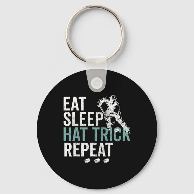 Eat Sleep Hat Trick Repeat Cool Ice Hockey Puck Fa Key Ring (Front)