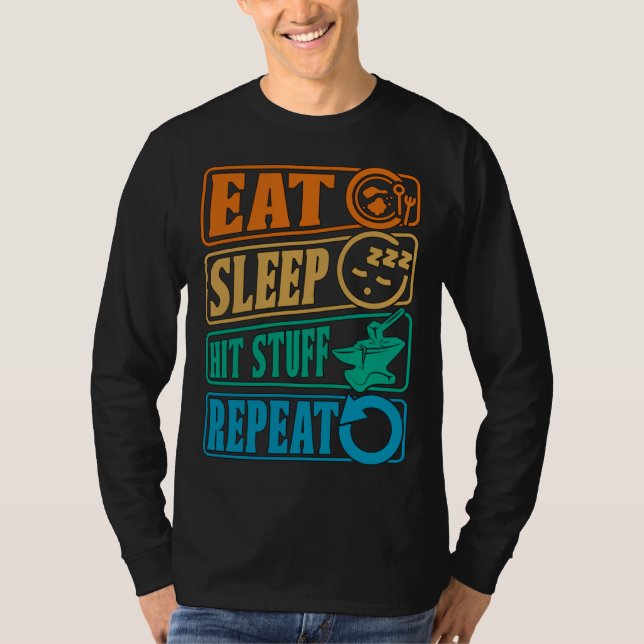 Eat Sleep Hit Stuff Repeat Retro Blacksmith Anvil  T-Shirt (Front)
