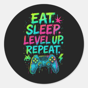 Eat Sleep Level Up Repeat Funny Gamer Video Game Classic Round Sticker