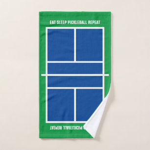 Eat sleep pickleball repeat funny blue green court hand towel