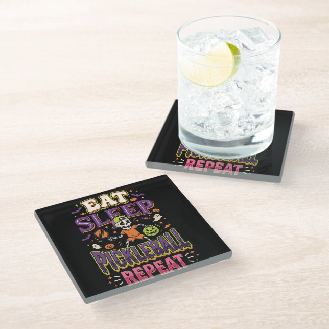 Eat Sleep Pickleball Repeat Pickleball Glass Coaster (Angled)