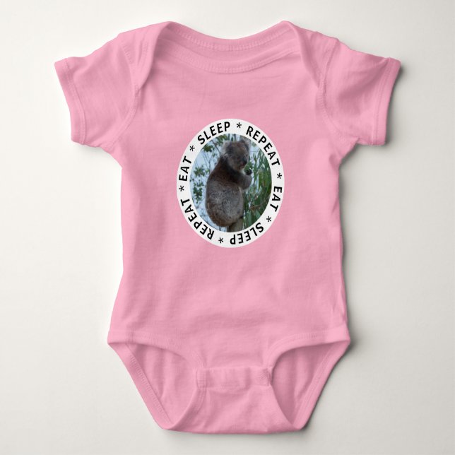 Eat Sleep Repeat Cute Funny Koala in a Tree Baby Bodysuit (Front)