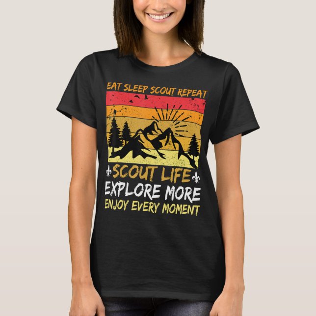 Eat Sleep Scout Repeat Hike More Worry Less Red Ca T-Shirt (Front)