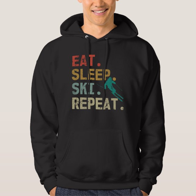 Eat Sleep Ski Repeat Retro Vintage Skier Hoodie (Front)