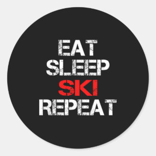 Eat sleep ski repeat winter mountains skiing lodge classic round sticker